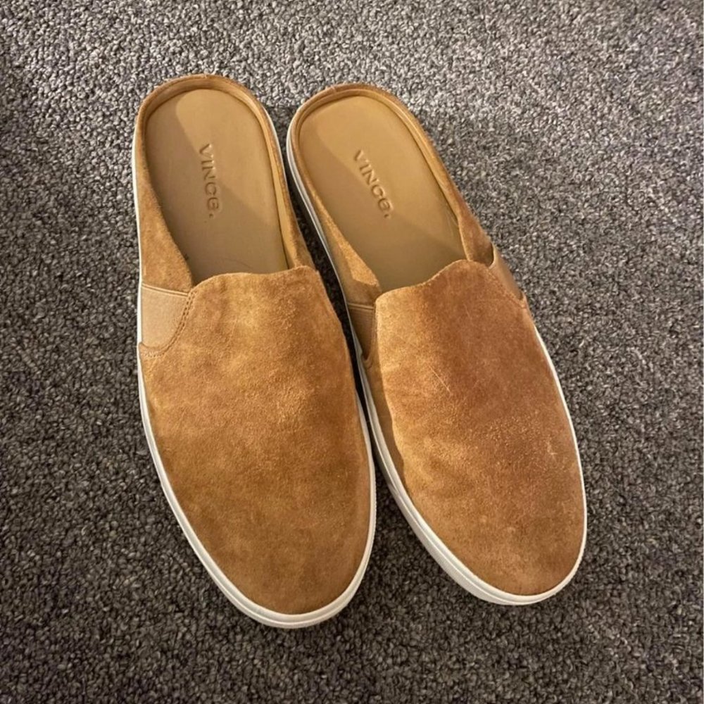 Vince Verrell suede mules, slide loafers, camel